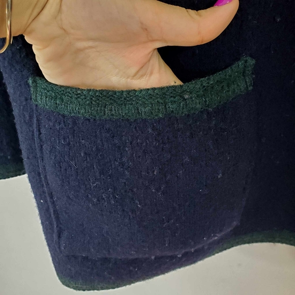 Vintage 80s Giesswein Wool Cardigan Sweater navy Blue/Green Trim - Picture 7 of 9